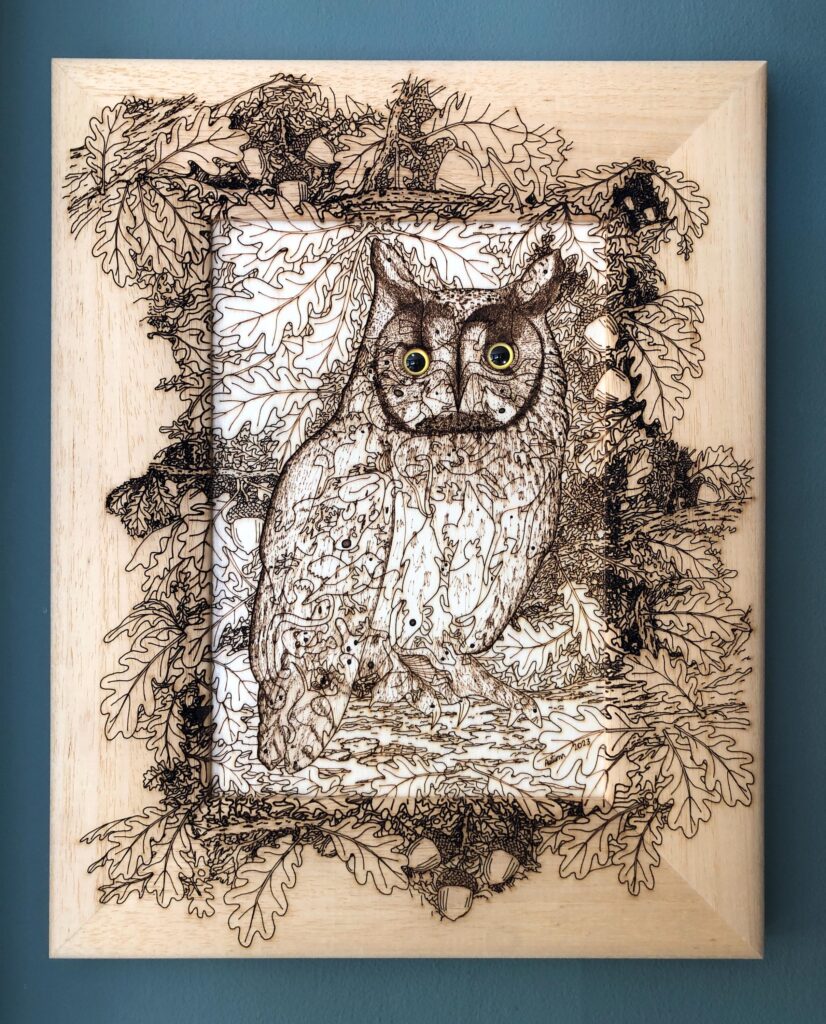 Long-eared Owl with Oak Foliage (Organically Framed)