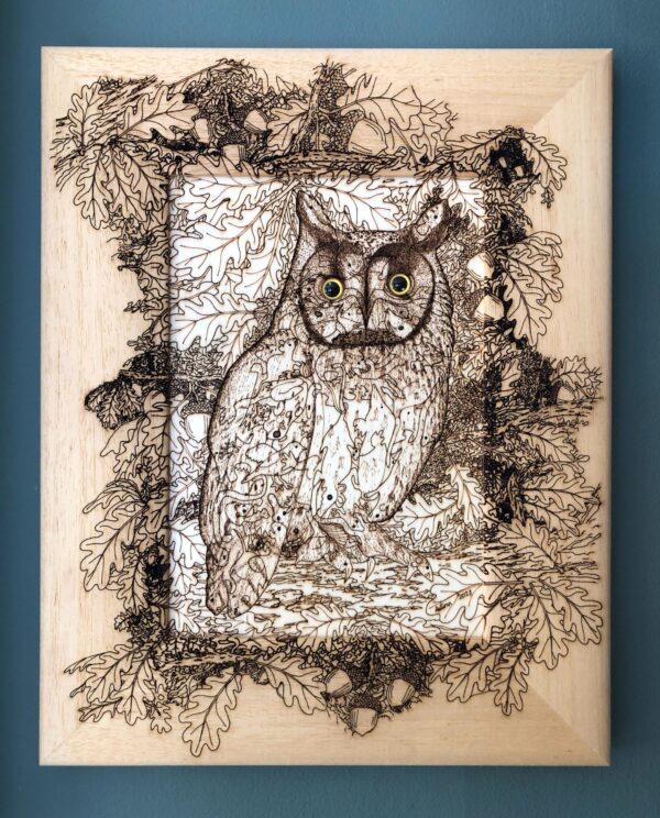 Long-eared Owl with Oak Foliage (Organically Framed)