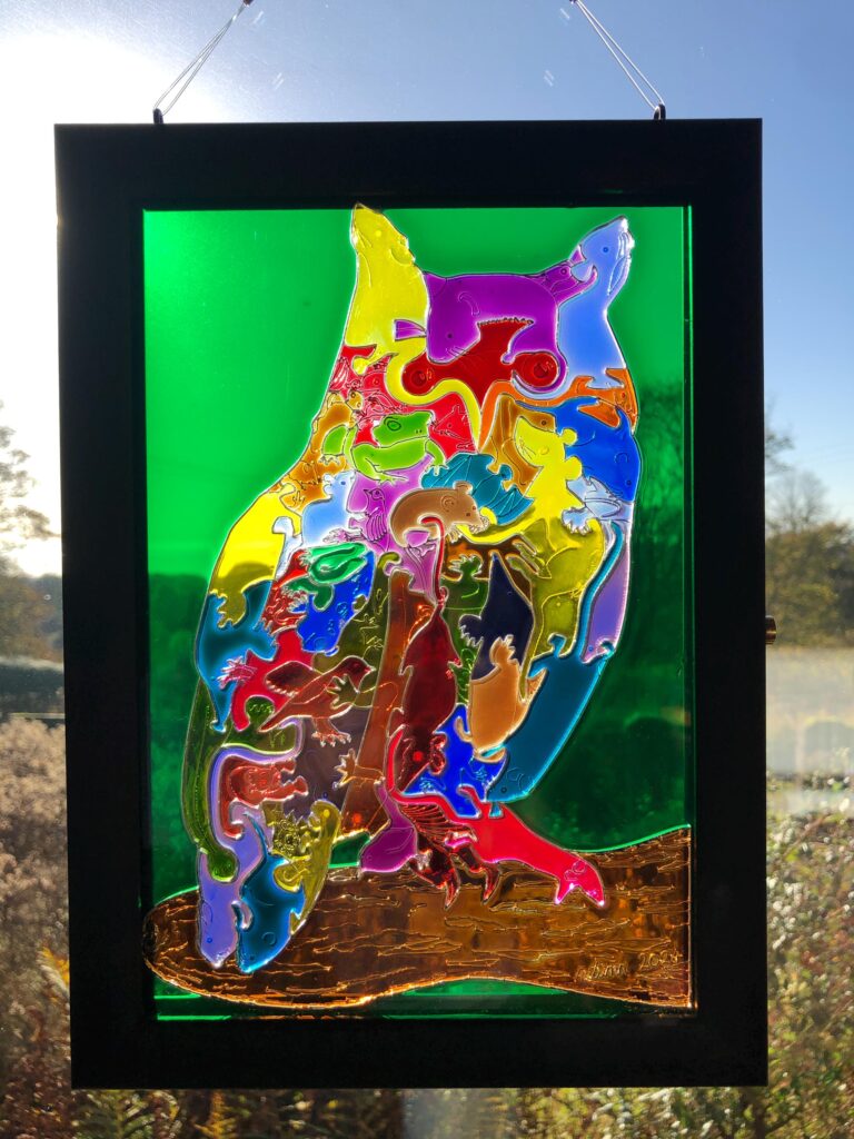 Long-eared Owl (You Are What You Eat) - hand-painted "stained glass" art puzzle