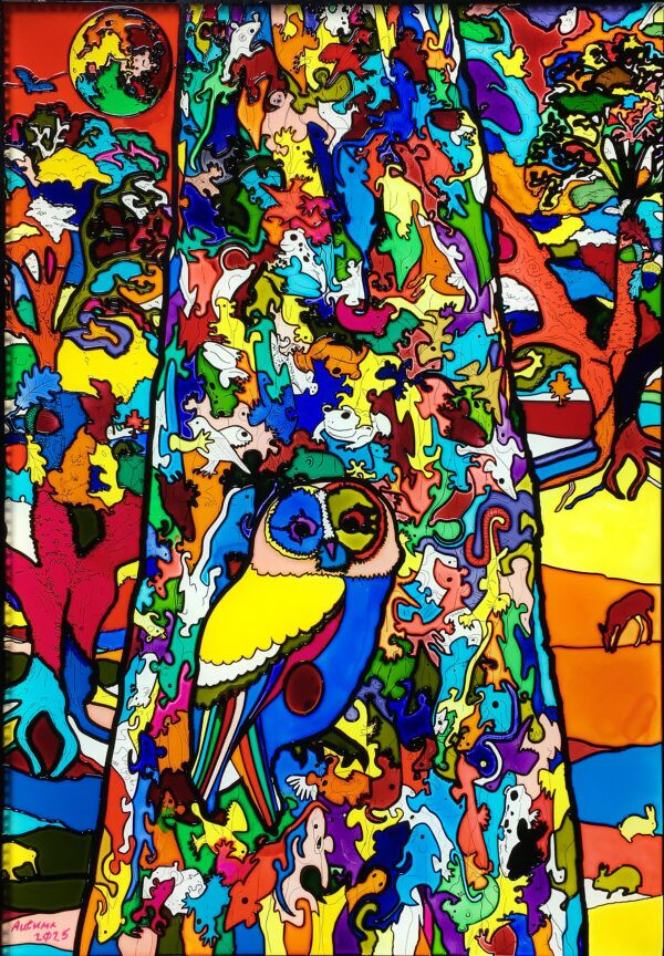 Whole view of Tawny Own with Egg (Predator and Prey) "Stained Glass"